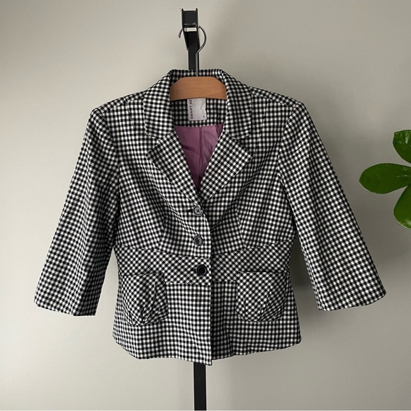 Y2K Vintage Smart Set Gingham Cropped Sleeve Blazer Black White Short Medium - Picture 7 of 9